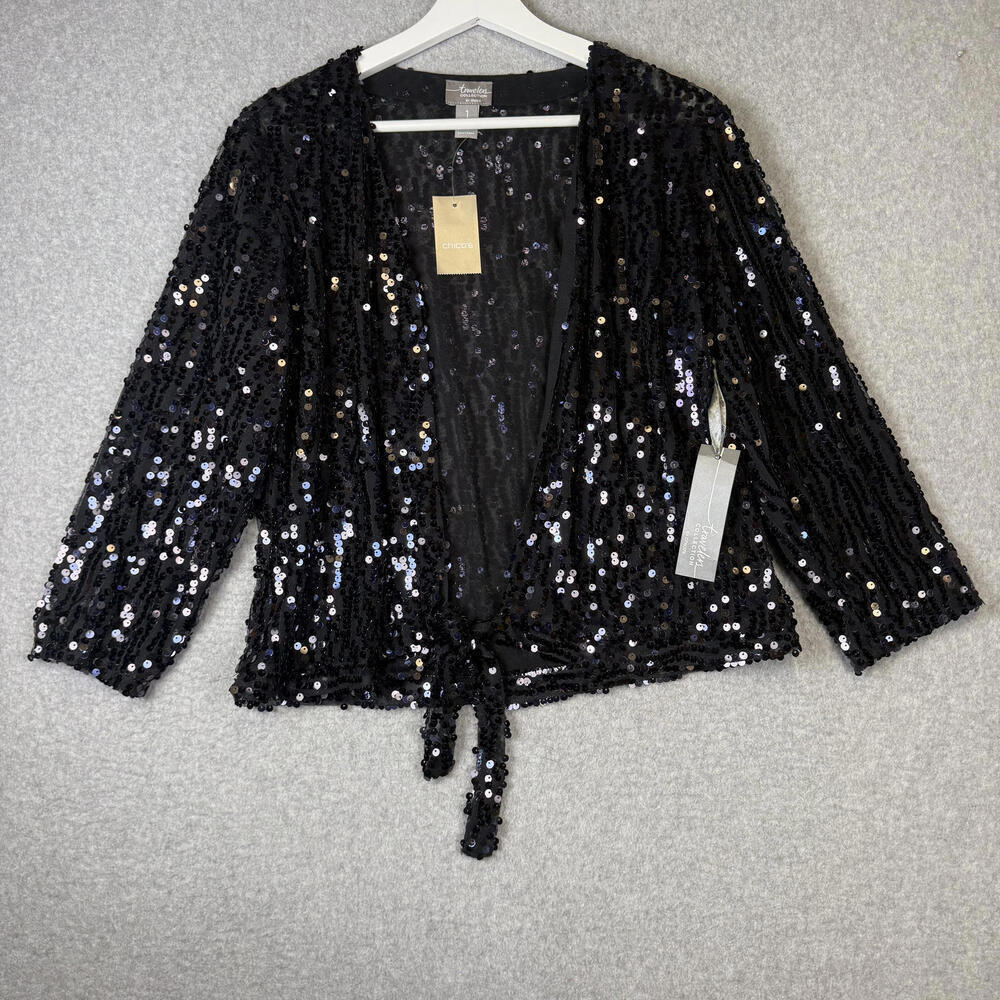 Womens Travelers Collection Chico's Black Ginger Jacket Sequins Size 1, Medium